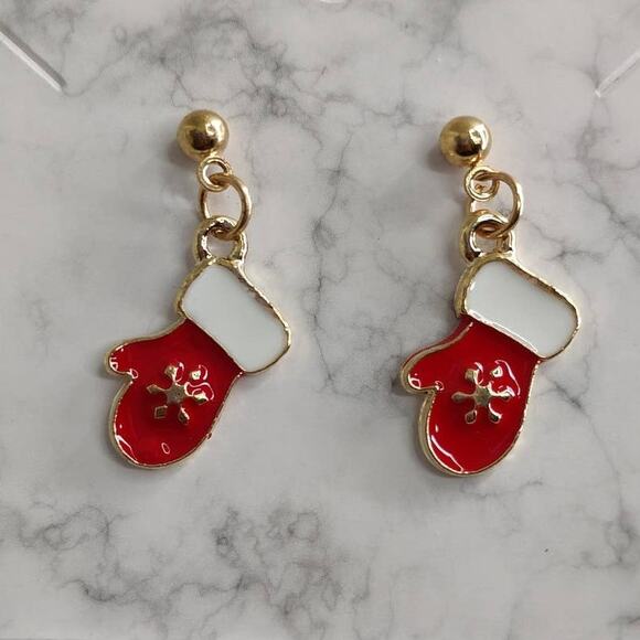 Unbranded Jewelry - Holiday Earrings Christmas Mitten w/ Snowflake Studs Enamel Gold Plated